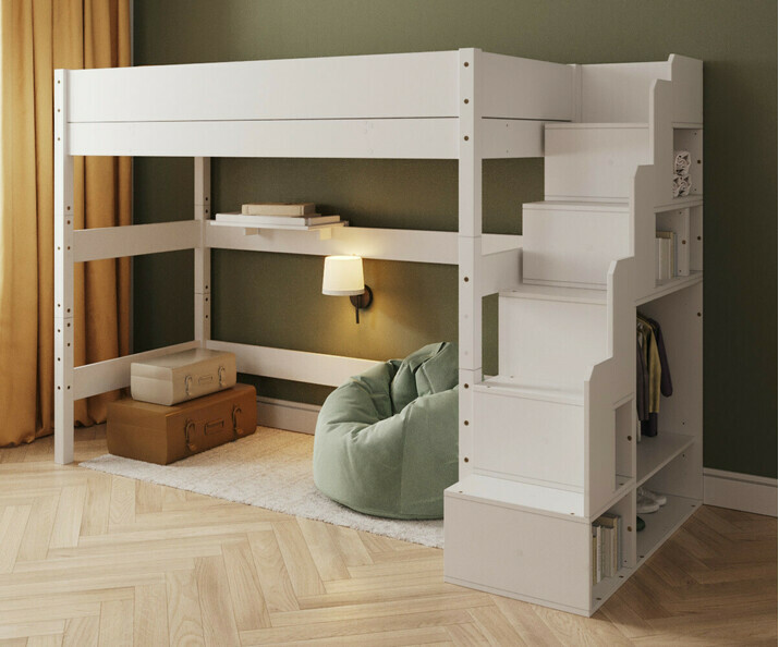 Lit mezzanine blanc avec escalier - 177 cm