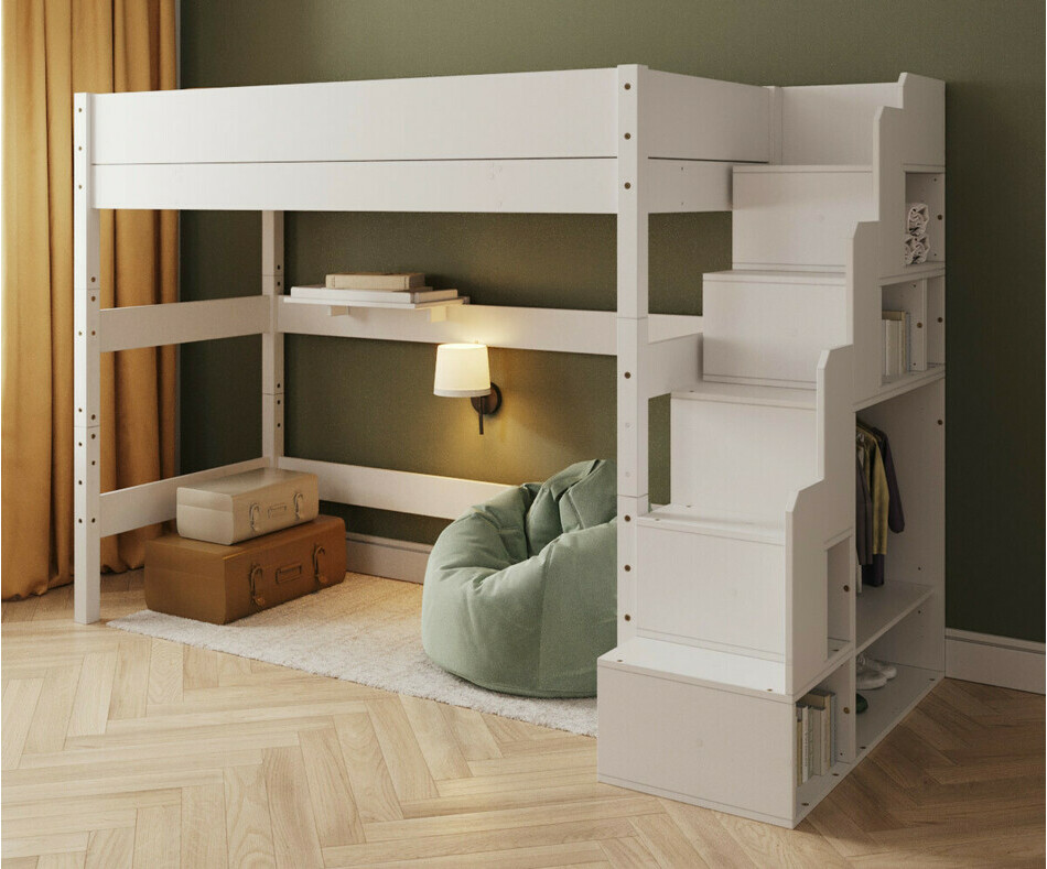 Lit mezzanine blanc avec escalier - 177 cm