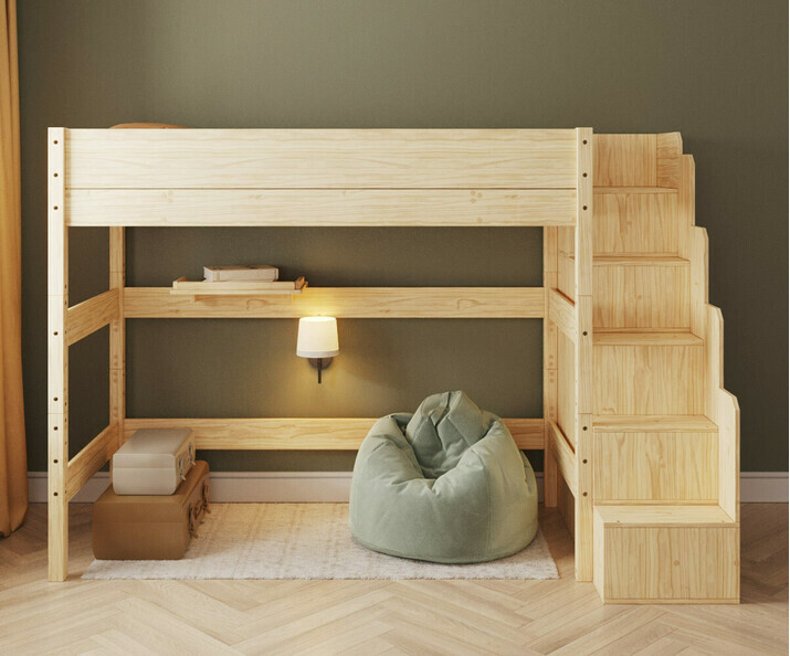 Lit mezzanine bois avec escalier - 177 cm