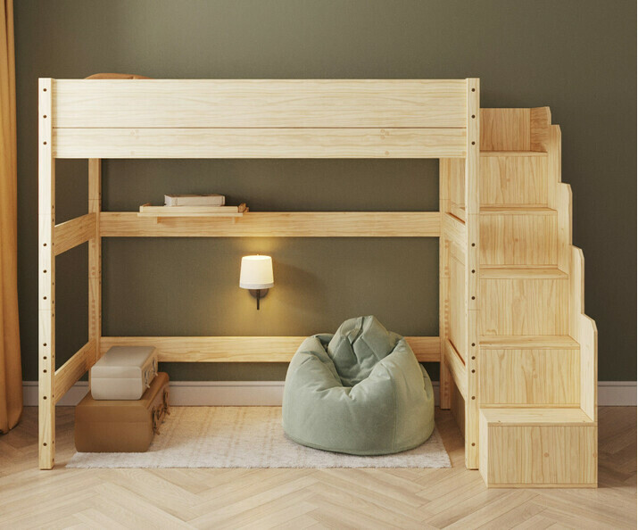 Lit mezzanine blanc avec escalier - 188 cm