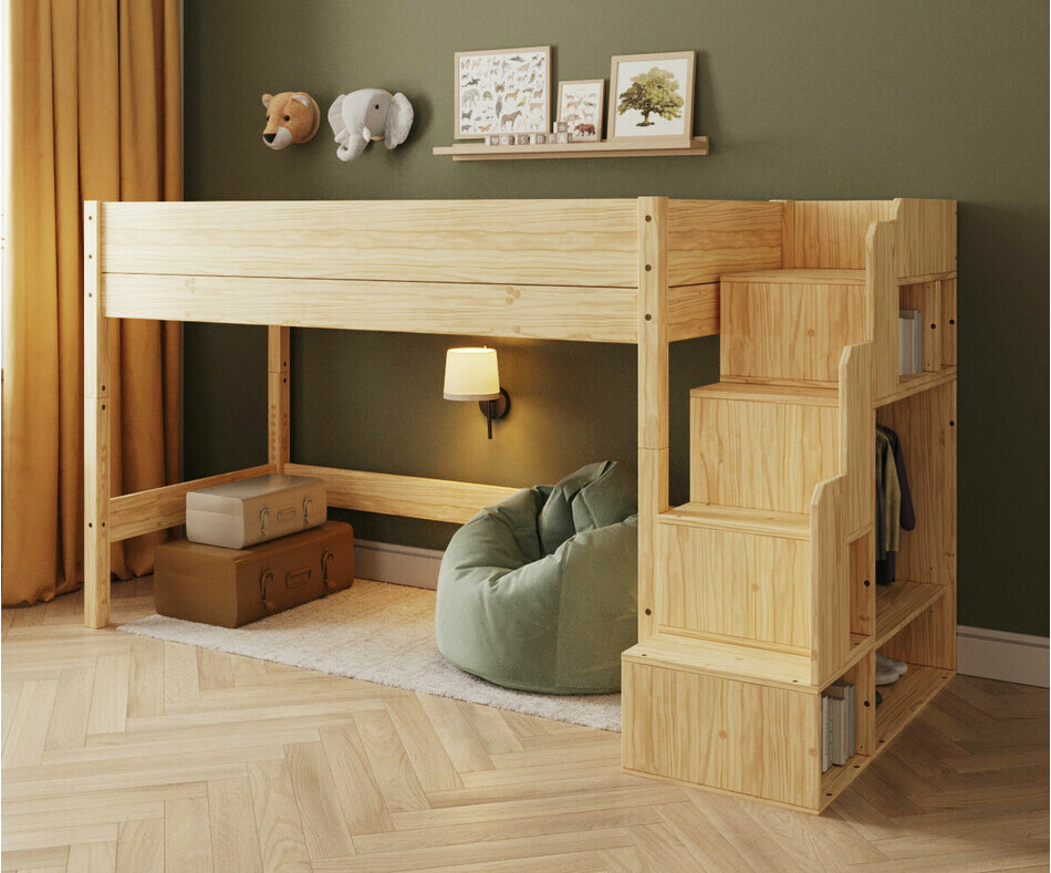 Lit mezzanine bois avec escalier - 142 cm + matelas