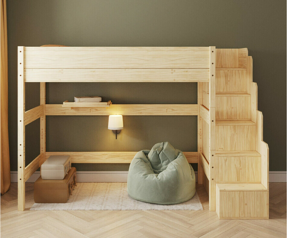 Lit mezzanine bois avec escalier - 177 cm + matelas