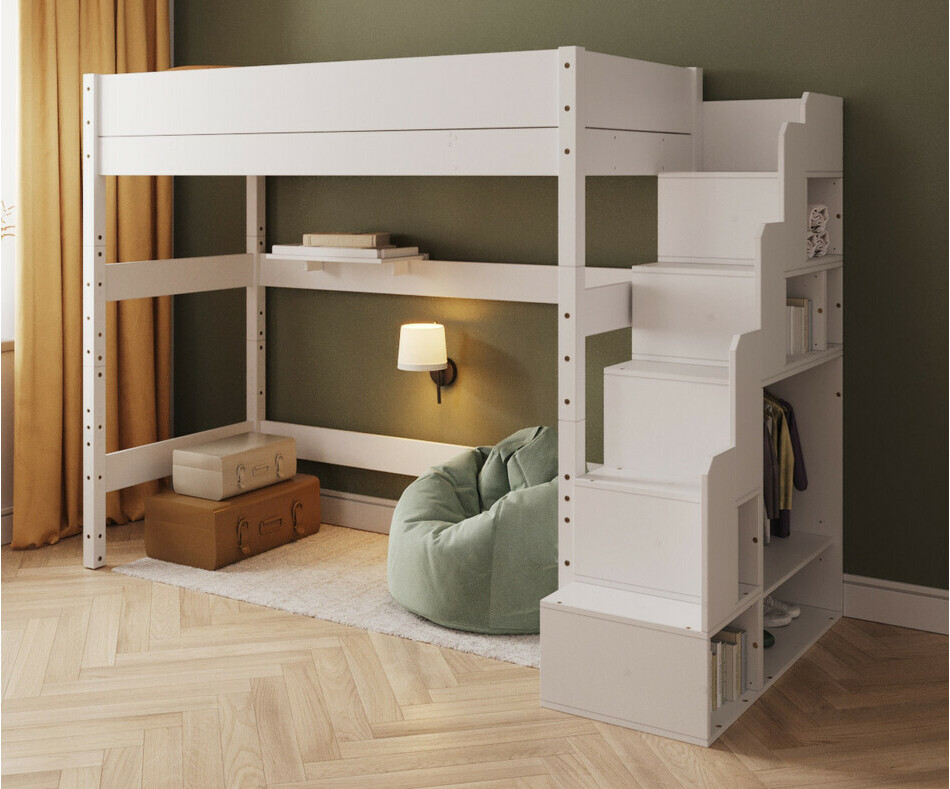 Lit mezzanine blanc avec escalier - 188 cm + matelas