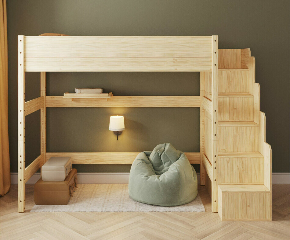 Lit mezzanine blanc avec escalier - 188 cm + matelas