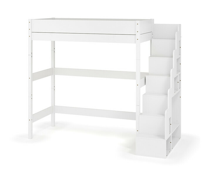 Lit mezzanine XL en bois massif avec escalier robuste - Finition blanc