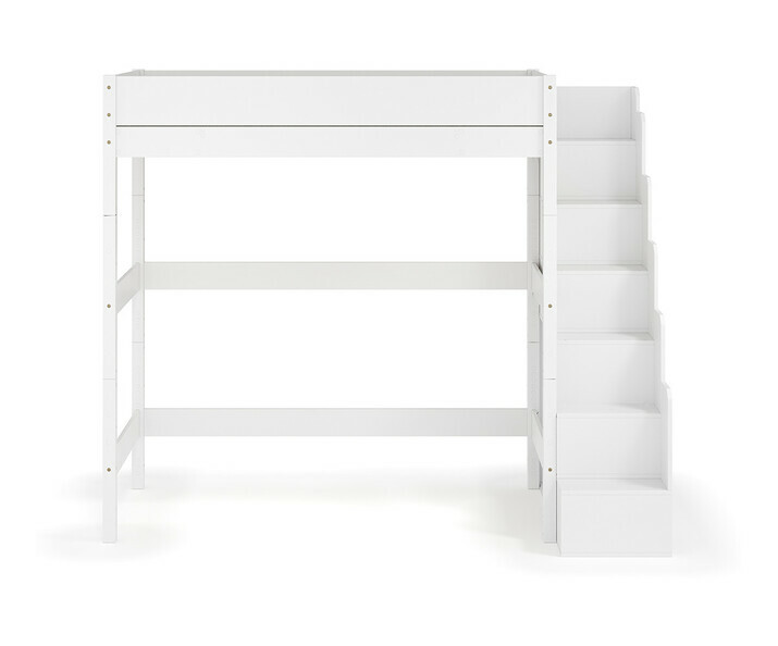 Lit mezzanine XL en bois massif avec escalier robuste finition blanc - vue de face