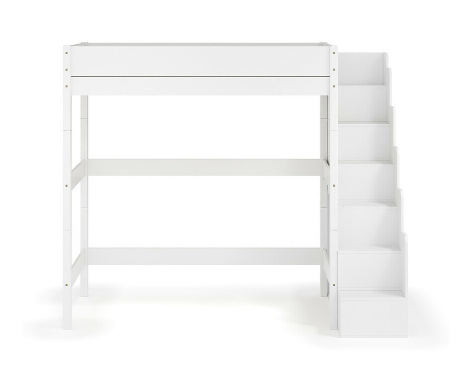 Lit mezzanine XL en bois massif avec escalier robuste finition blanc - vue de face