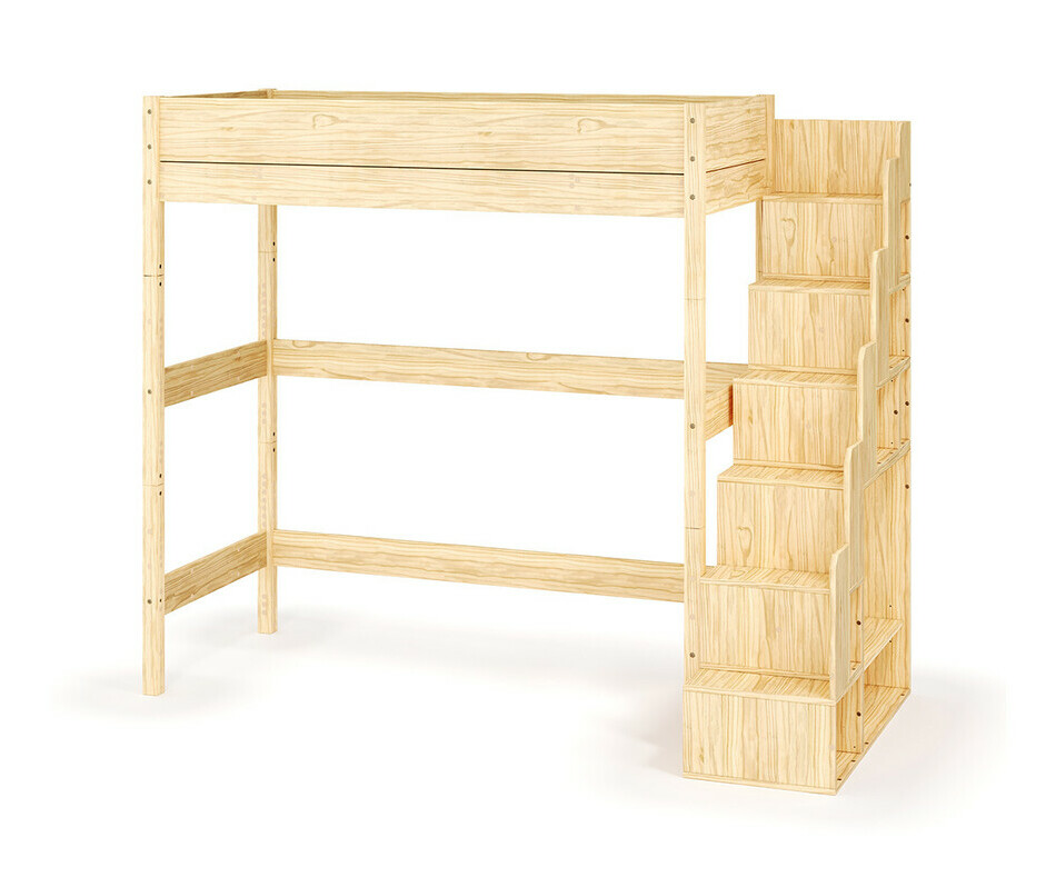 Lit mezzanine XL en bois massif avec escalier robuste