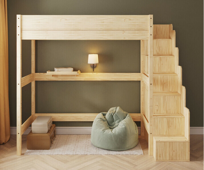 Lit mezzanine XL bois Combeebed avec escalier - vue de face