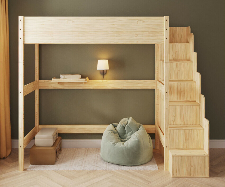 Lit mezzanine XL bois Combeebed avec escalier - vue de face