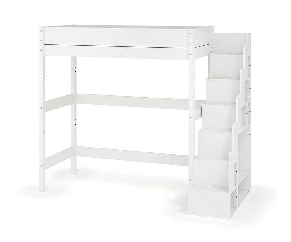 Lit mezzanine XL en bois massif avec escalier robuste - Finition blanc Lit mezzanine XL en bois massif avec escalier robuste - Finition blanc
