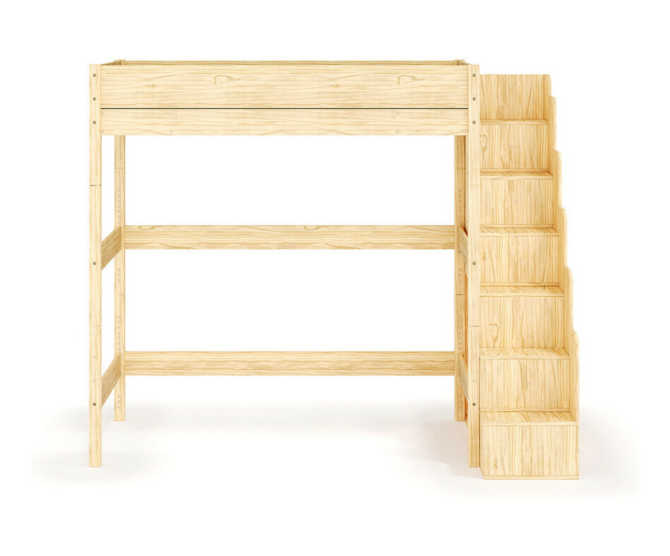 Lit mezzanine XL en bois massif avec escalier robuste - vue de face Lit mezzanine XL en bois massif avec escalier robuste - vue de face
