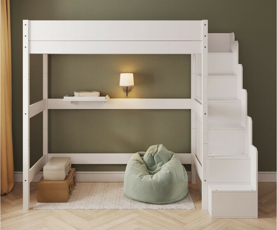 Lit mezzanine XL blanc Combeebed avec escalier - vue de face + matelas Lit mezzanine XL blanc Combeebed avec escalier - vue de face + matelas