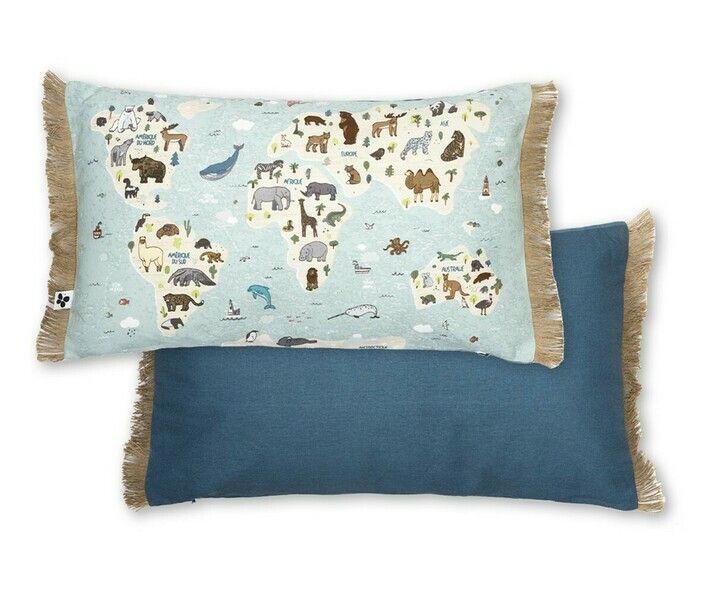 Coussin mapemonde animaux recto/verso