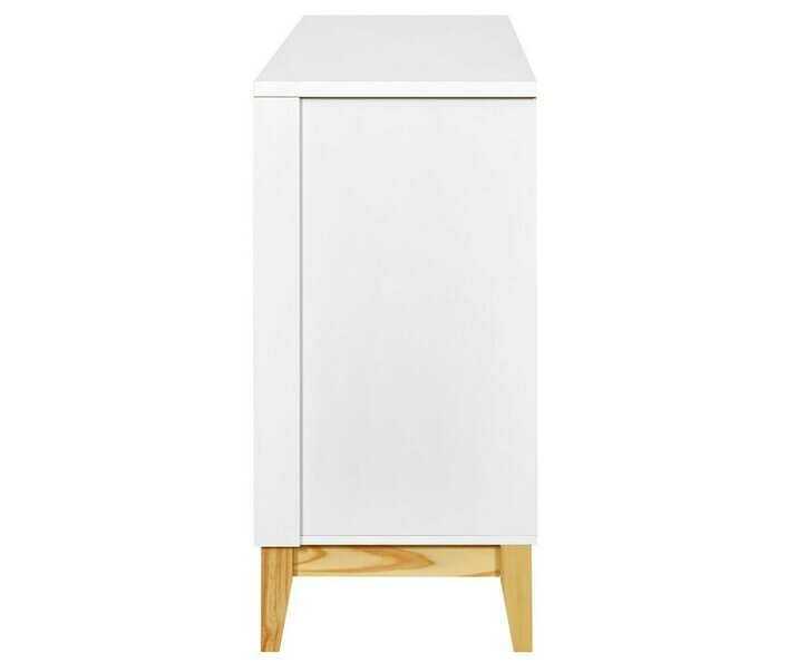 Vue de profil de la commode bois et blanche Mora