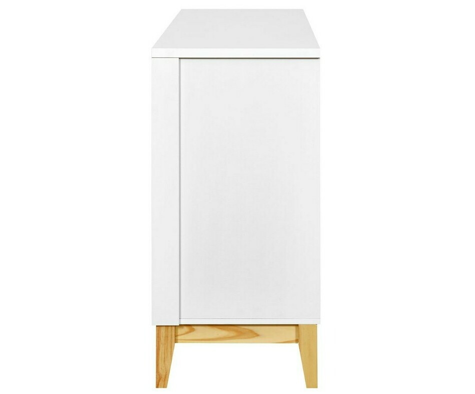 Vue de profil de la commode bois et blanche Mora