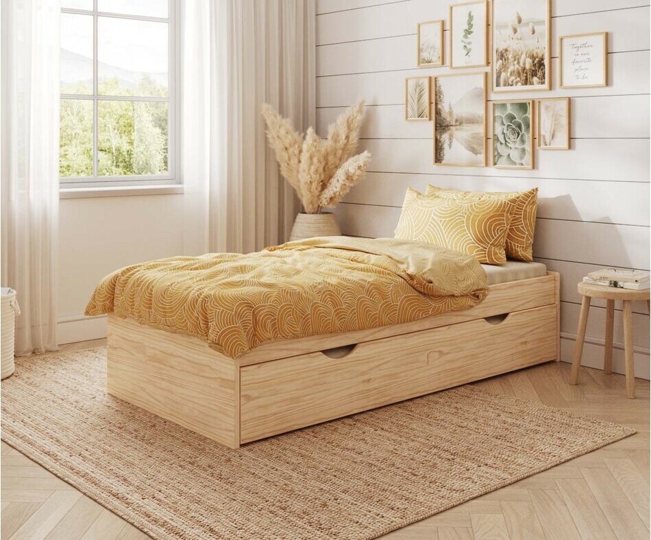 Lit gigogne extra robuste en bois brut + matelas