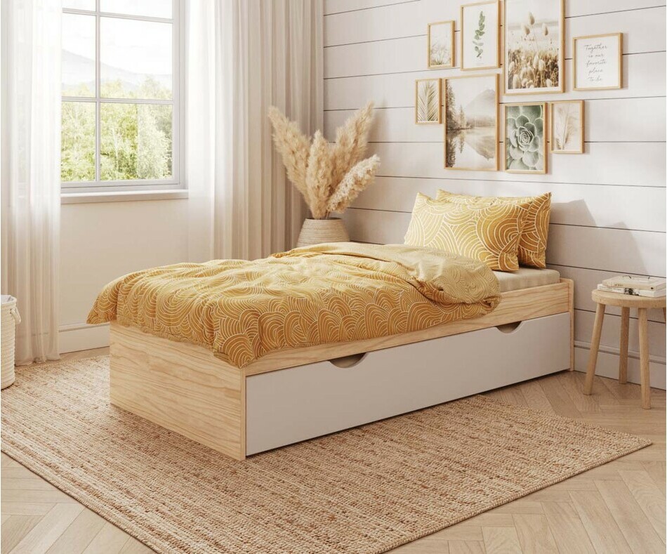Lit gigogne extra robuste en bois brut et blanc + matelas Lit gigogne extra robuste en bois brut et blanc + matelas