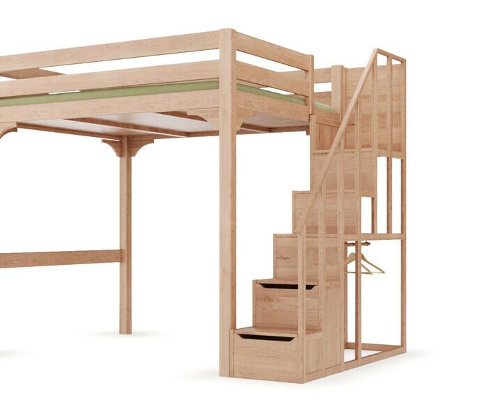 Vue en contre-plongée du lit mezzanine Neva en hêtre massif avec escalier latéral Vue en contre-plongée du lit mezzanine Neva en hêtre massif avec escalier latéral