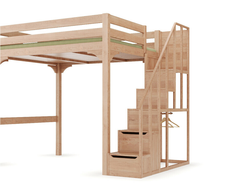 Vue en contre-plongée du lit mezzanine Neva en hêtre massif avec escalier latéral Vue en contre-plongée du lit mezzanine Neva en hêtre massif avec escalier latéral