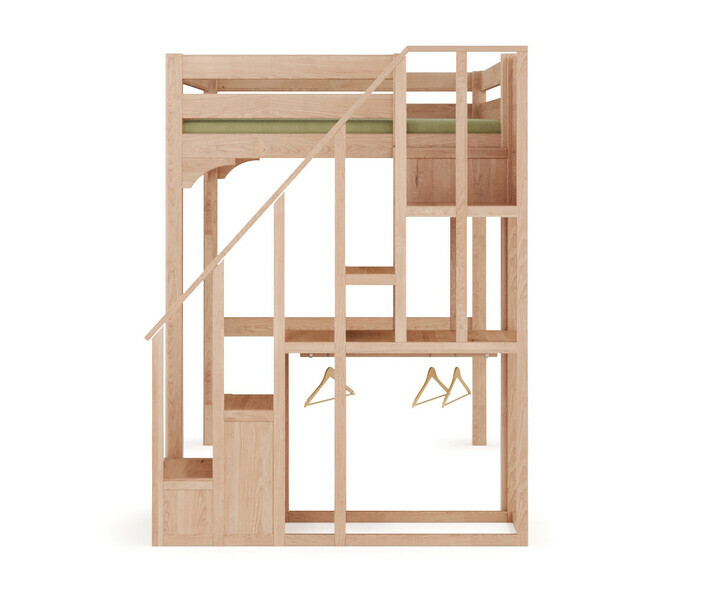 Lit mezzanine Neva vue de profil avec dressing penderie et rangements sous le lit Lit mezzanine Neva vue de profil avec dressing penderie et rangements sous le lit