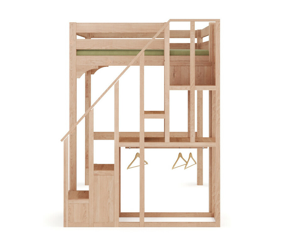 Lit mezzanine Neva vue de profil avec dressing penderie et rangements sous le lit Lit mezzanine Neva vue de profil avec dressing penderie et rangements sous le lit