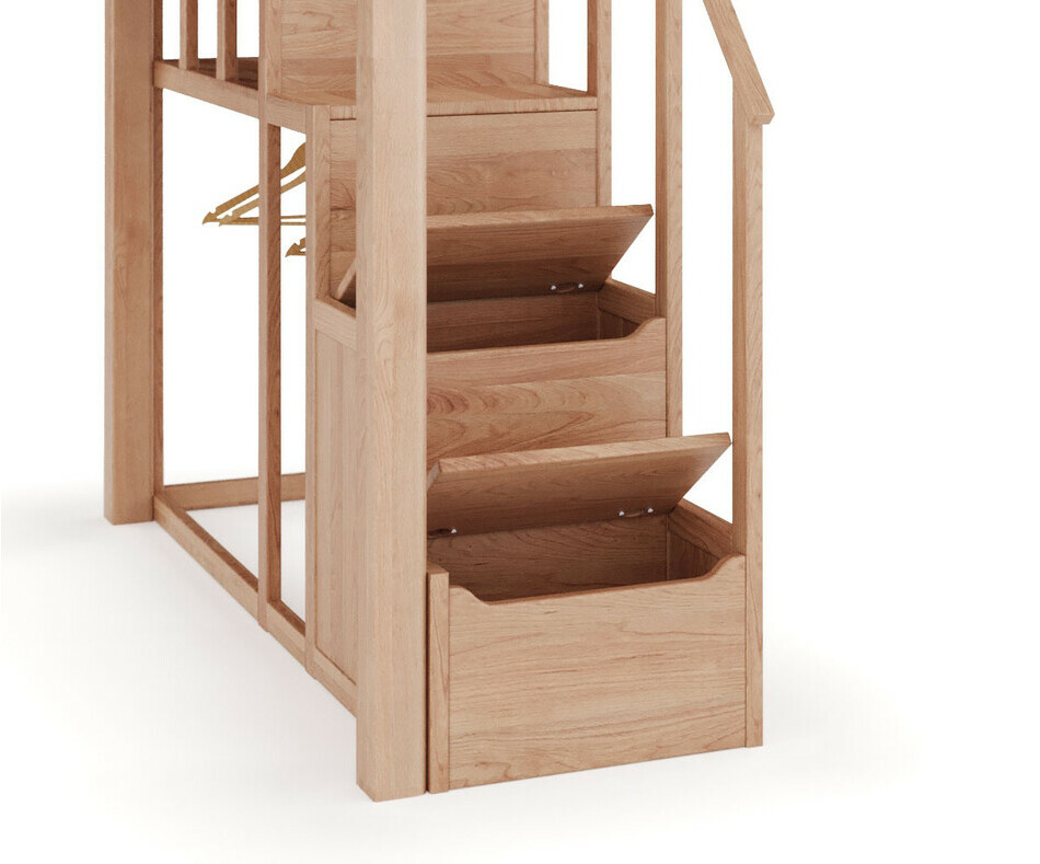 Lit mezzanine ado Neva avec escalier à droite - coffres de rangement ouverts Lit mezzanine ado Neva avec escalier à droite - coffres de rangement ouverts