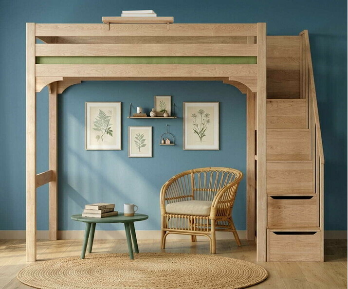 Lit mezzanine ado Neva avec escalier et rangements (tablette en option) Lit mezzanine ado Neva avec escalier et rangements (tablette en option)