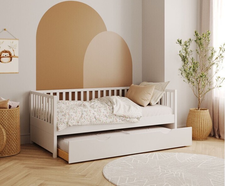 Lit gigogne blanc Capao avec barriere arriere + sommier gigogne semi ouvert Lit gigogne blanc Capao avec barriere arriere + sommier gigogne semi ouvert