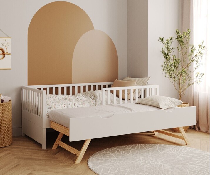 Lit gigogne blanc Capao avec barrieres + sommier gigogne ouvert Lit gigogne blanc Capao avec barrieres + sommier gigogne ouvert
