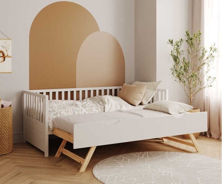 Lit gigogne blanc Capao + barrière arrière + sommier gigogne ouvert Lit gigogne blanc Capao + barrière arrière + sommier gigogne ouvert