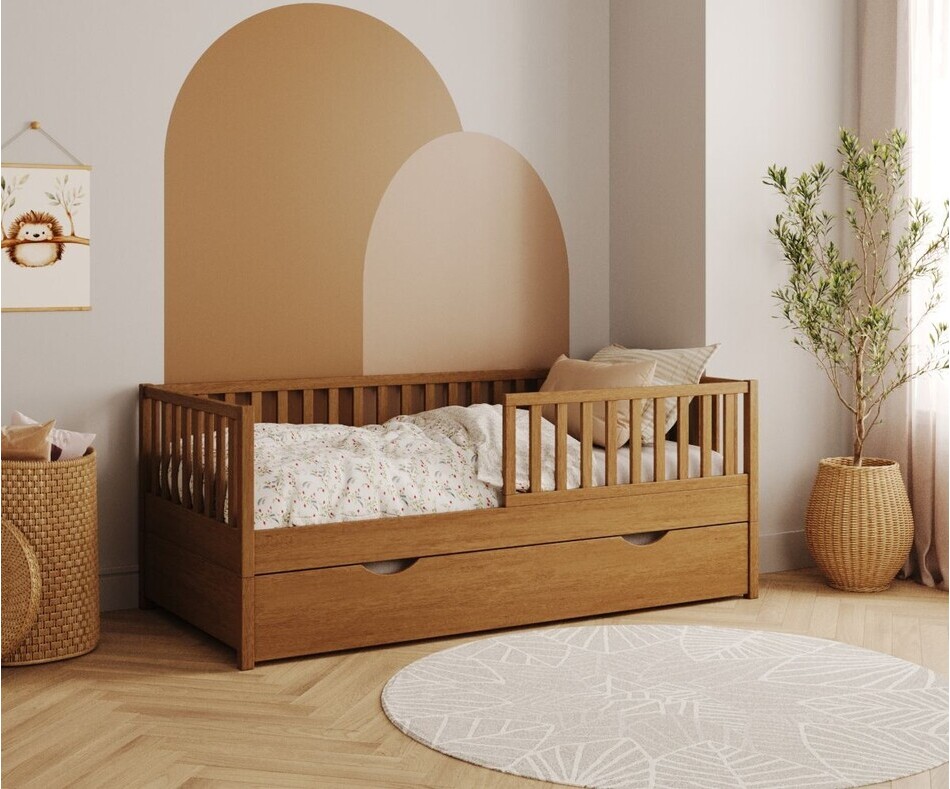 Lit Capao noisette enfant avec tiroir et barrières de sécurité Lit Capao noisette enfant avec tiroir et barrières de sécurité