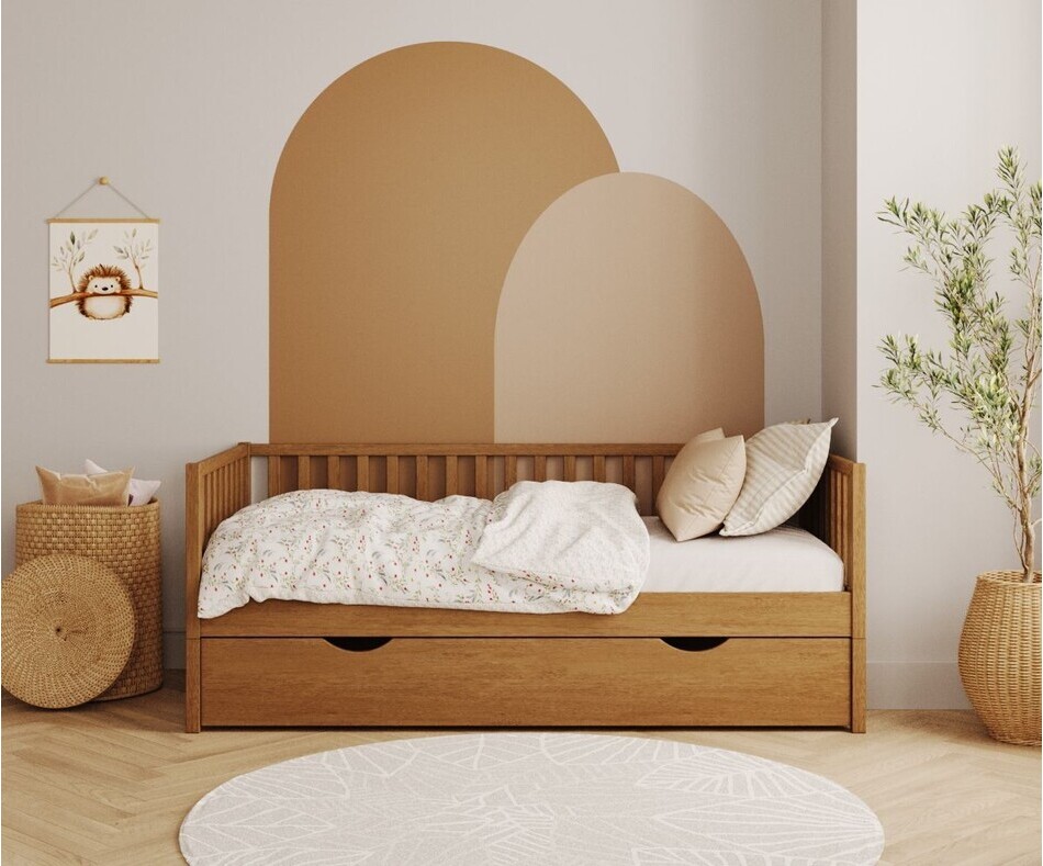 Lit Capao noisette enfant avec tiroir et barrières arrière Lit Capao noisette enfant avec tiroir et barrières arrière