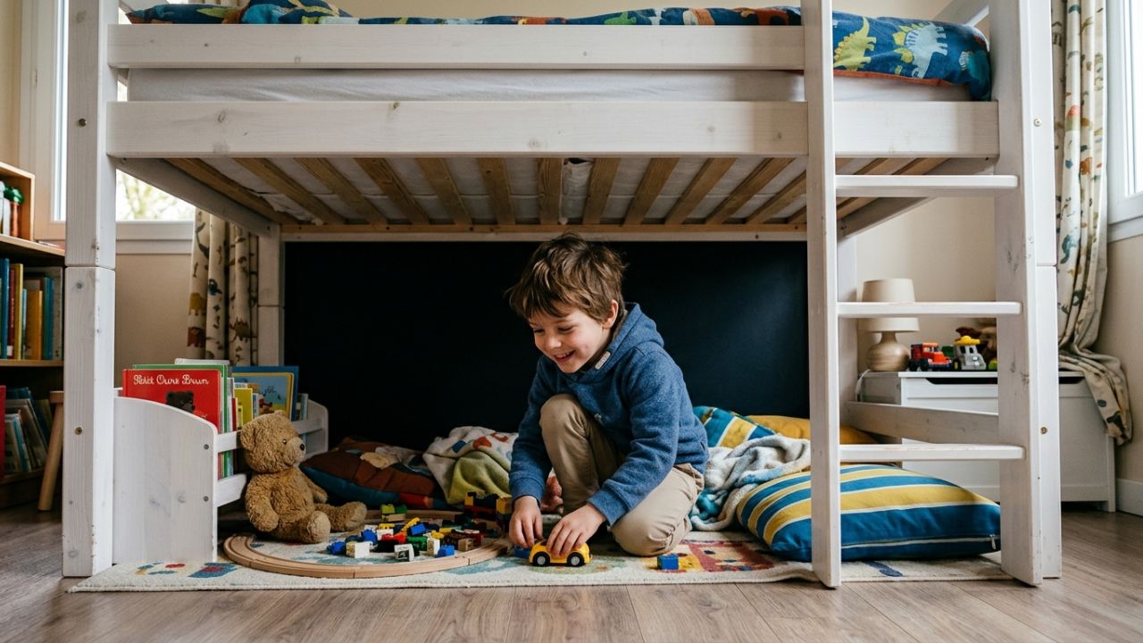 enfant qui joue sous lit mi hauteur