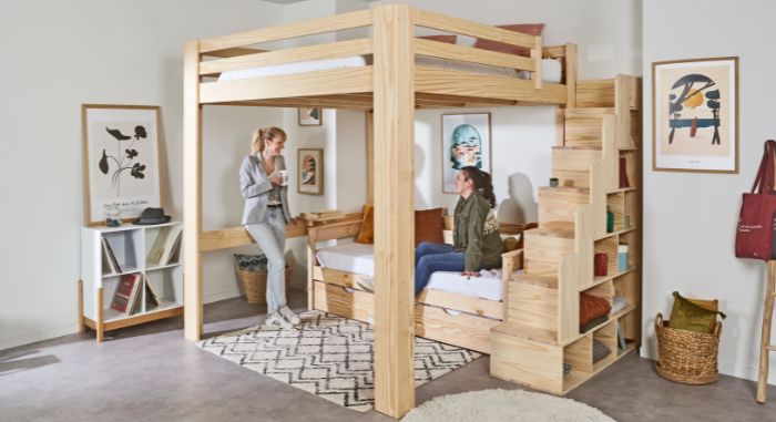 lit mezzanine avec escalier en bois massif